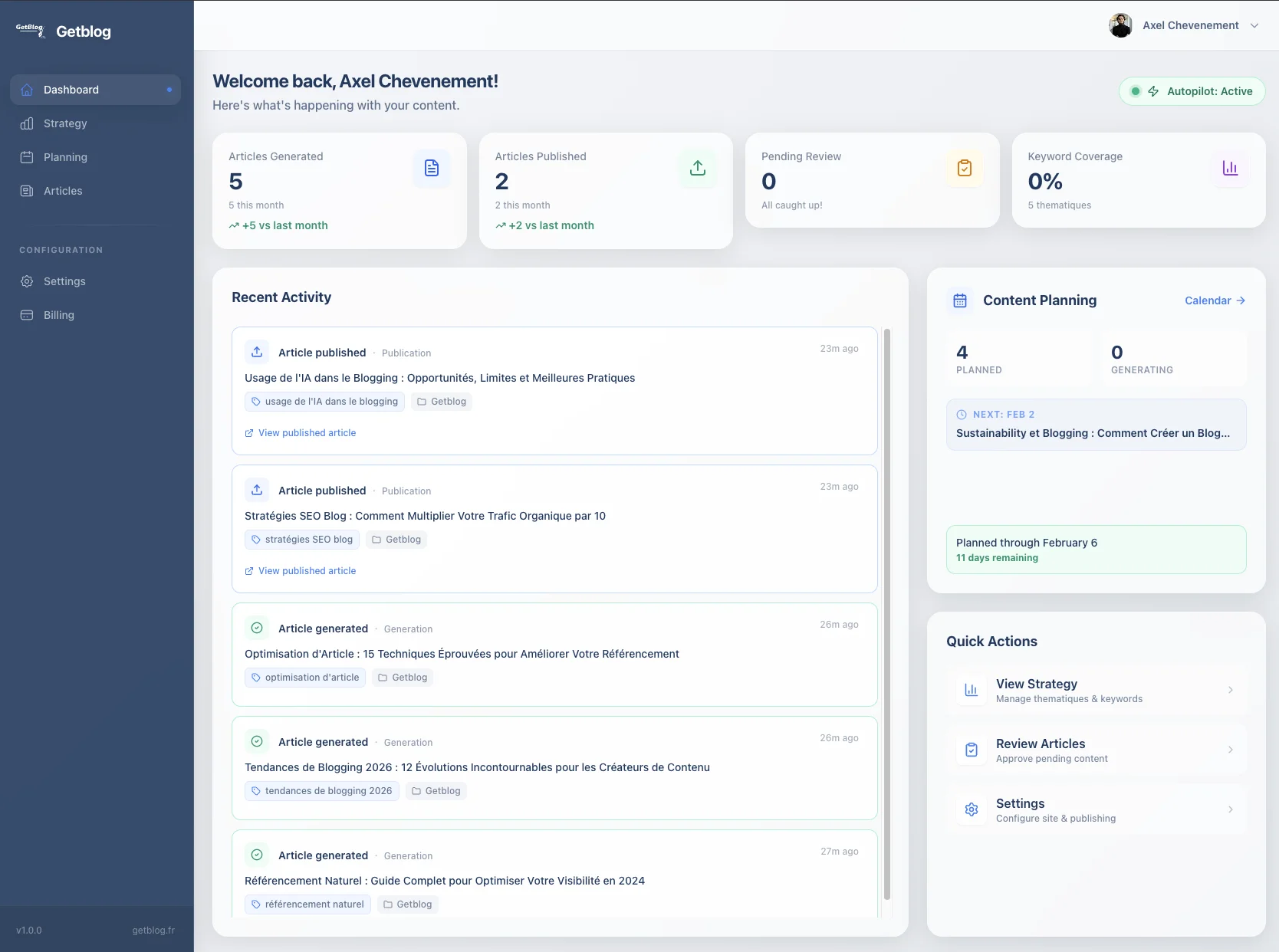Interface Getblog - Tableau de bord autopilot SEO